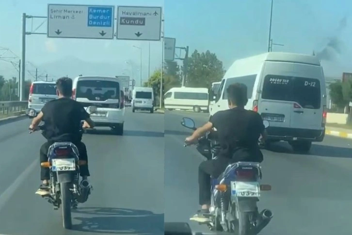 Ehliyetsiz motosiklet sürücüsünün maskeyi taktığı yeri görenler şaşkınlık yaşadı