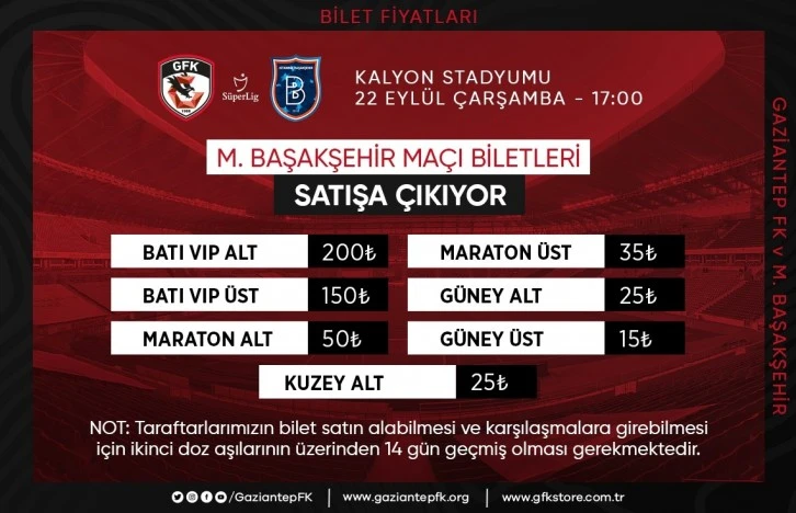 Gaziantep FK - Başakşehir Maçı Biletleri Satışta