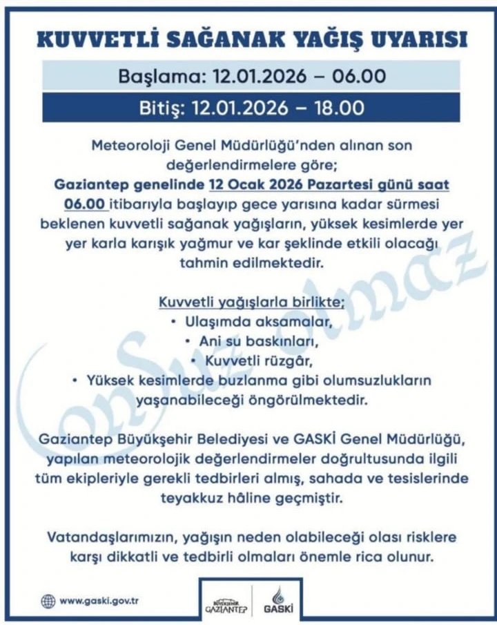 SON DAKİKA: Gaziantep İ&ccedil;in Kritik Uyarı! Sağanak ve Kar Geliyor