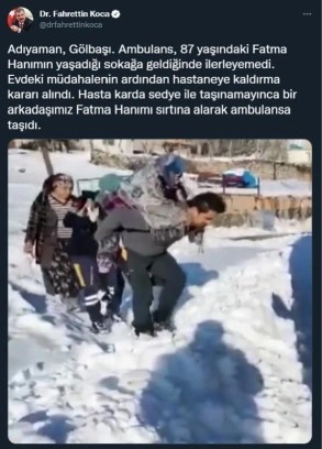Son dakika haberleri! Bakan Koca, hastayı sırtında taşıyan 112 çalışanının videosunu paylaştı