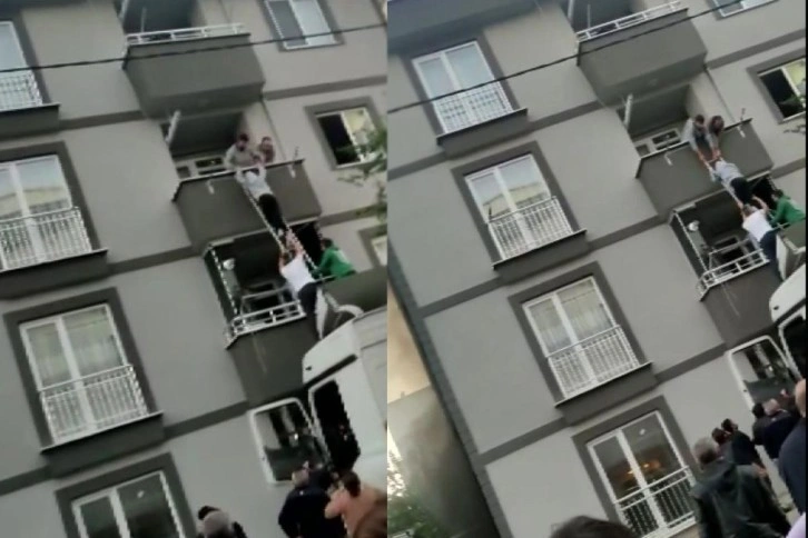 Tırın üzerinden balkona merdiven uzattılar, mahsur kalanları kurtardılar