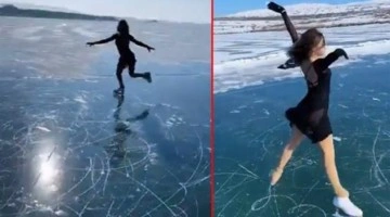 Çıldır Gölü üzerinde buz pateni gösterisi! Milli sporcu İklim Şentunalı kendine hayran bıraktı