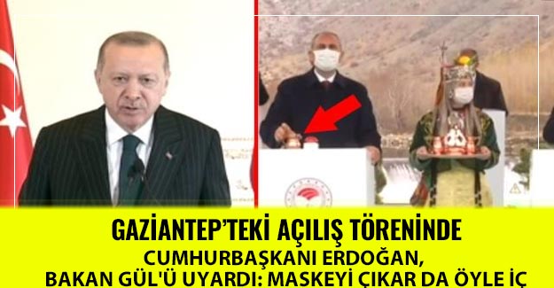 Cumhurbaşkanı Erdoğan, ikram edilen suyu kürsüye bırakan Bakan Gül'ü uyardı: Maskeyi çıkar da öyle iç