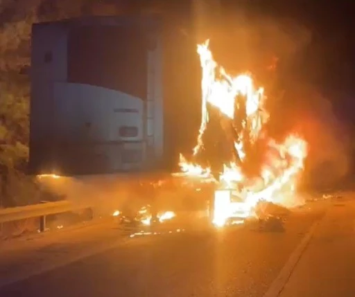 Et yüklü tır dorsesi yandı