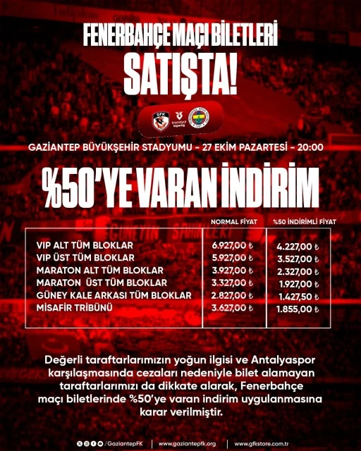 Gaziantep FK - Fenerbahçe maçı biletleri yüzde 50 indirimli satışta