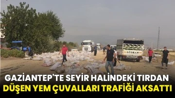 Gaziantep'te Seyir Halindeki Tırdan Düşen Yem Çuvalları Trafiği Aksattı