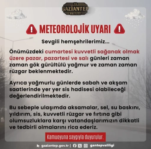 Gaziantep Valiliği&rsquo;nden Kritik Hava Uyarısı: Sağanak ve Fırtınaya Dikkat!