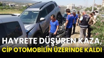 Hayrete düşüren kaza, cip otomobilin üzerinde kaldı