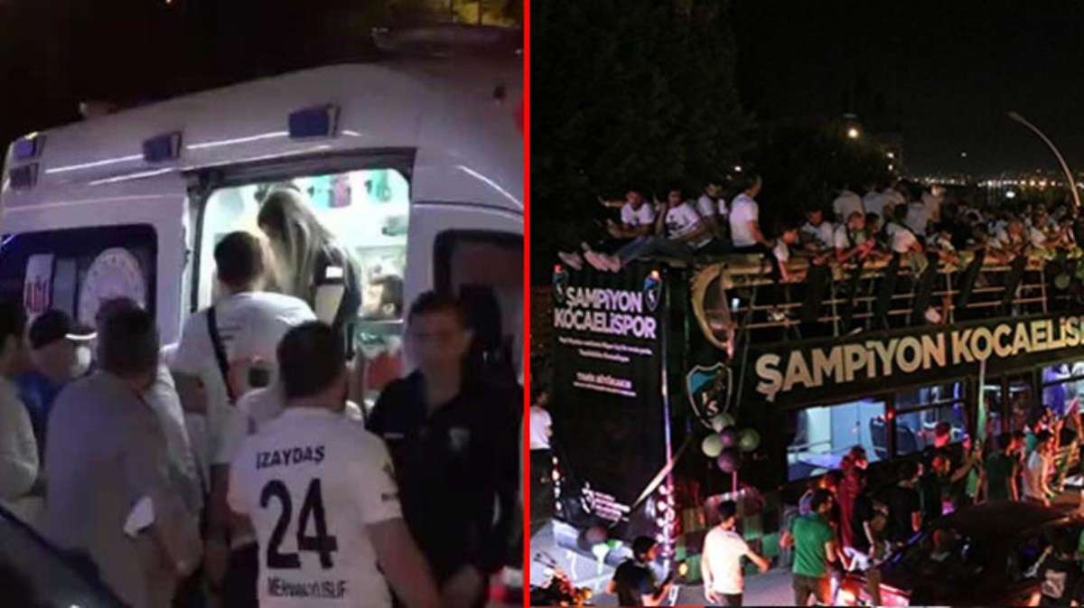 Kocaelispor'un kutlamasında feci kaza! Üstü açık otobüsten futbolcu düştü