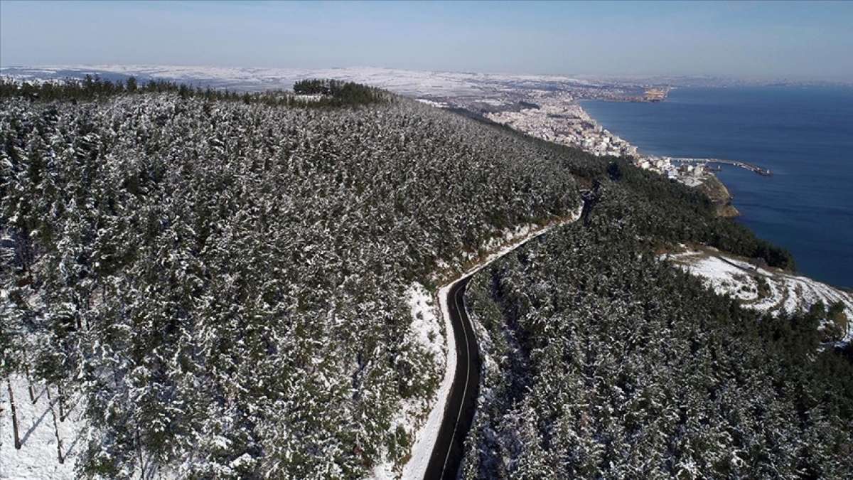Mavi ile yeşilin buluştuğu Ganos Dağı eteklerinde 'kış güzelliği'
