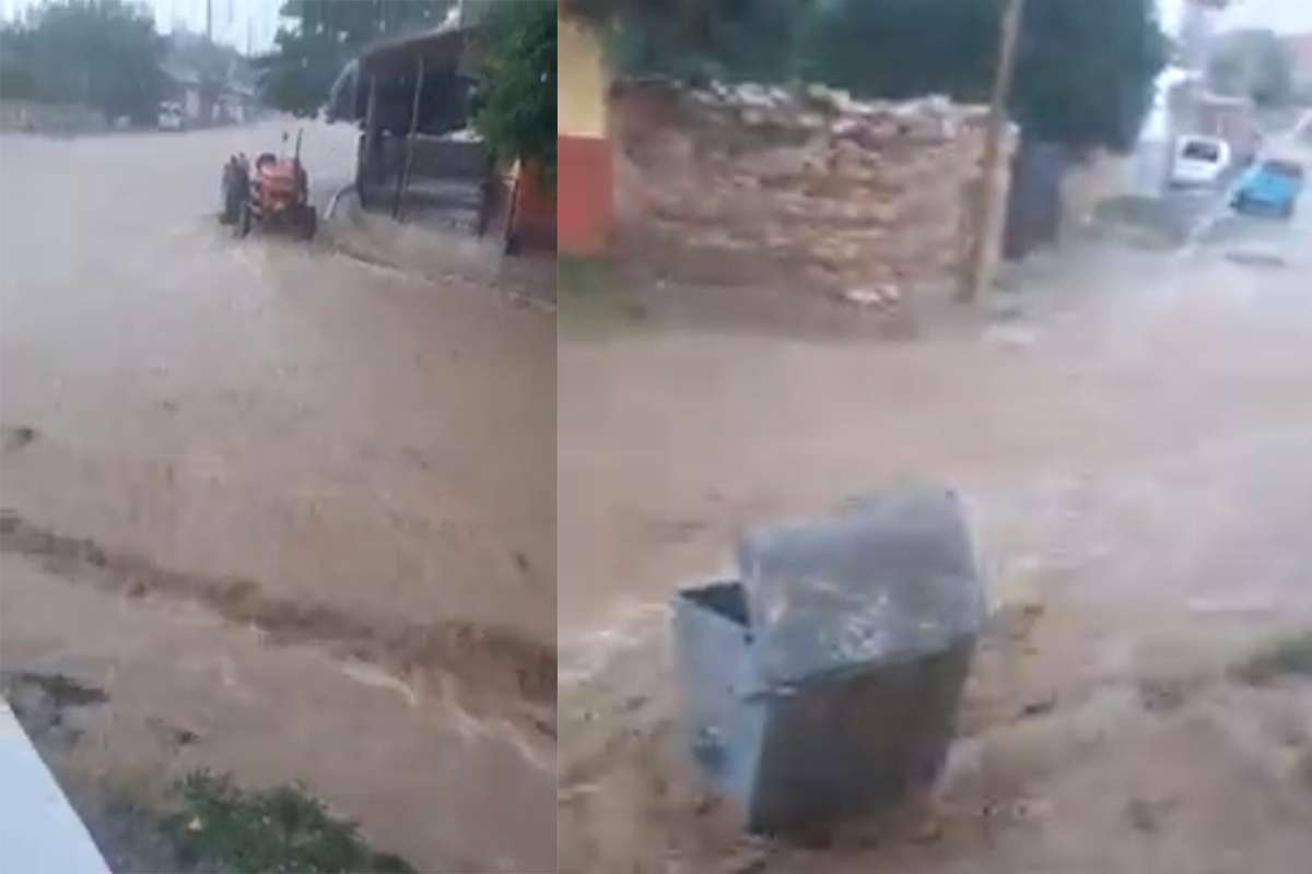 Şiddetli yağış köy yollarını dereye çevirdi