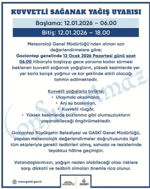 SON DAKİKA: Gaziantep İ&ccedil;in Kritik Uyarı! Sağanak ve Kar Geliyor