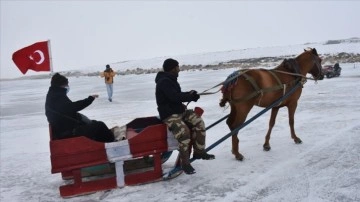 Turistik Doğu Ekspresi yolcuları Çıldır Gölü'nde atlı kızağa bindi
