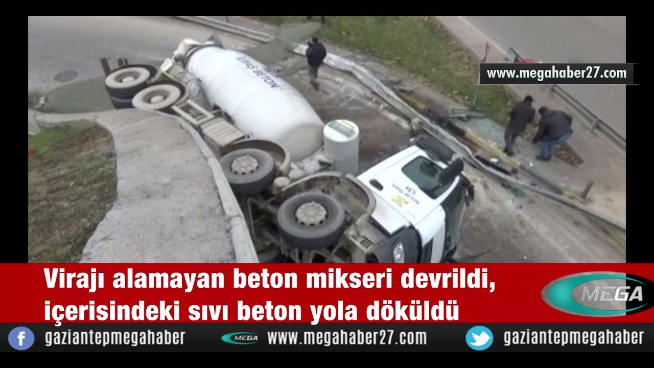 Virajı alamayan beton mikseri devrildi, içerisindeki sıvı beton yola döküldü