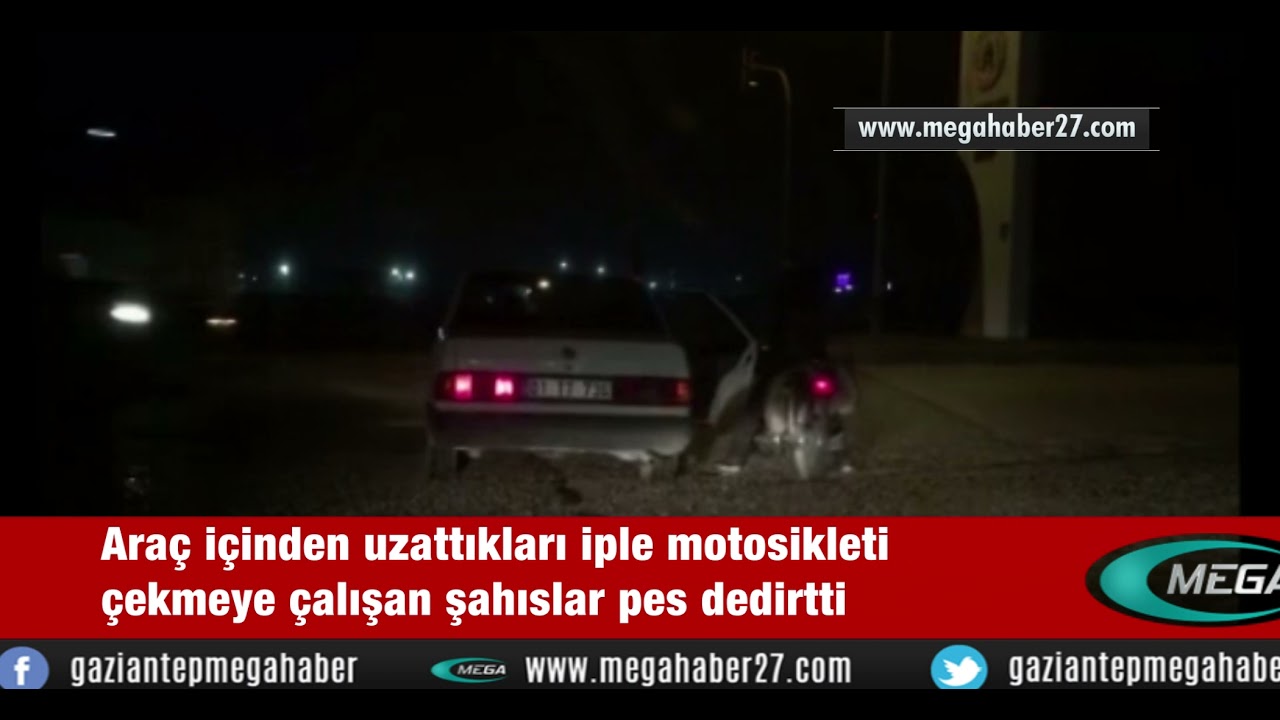 Araç içinden uzattıkları iple motosikleti çekmeye çalışan şahıslar pes dedirtti